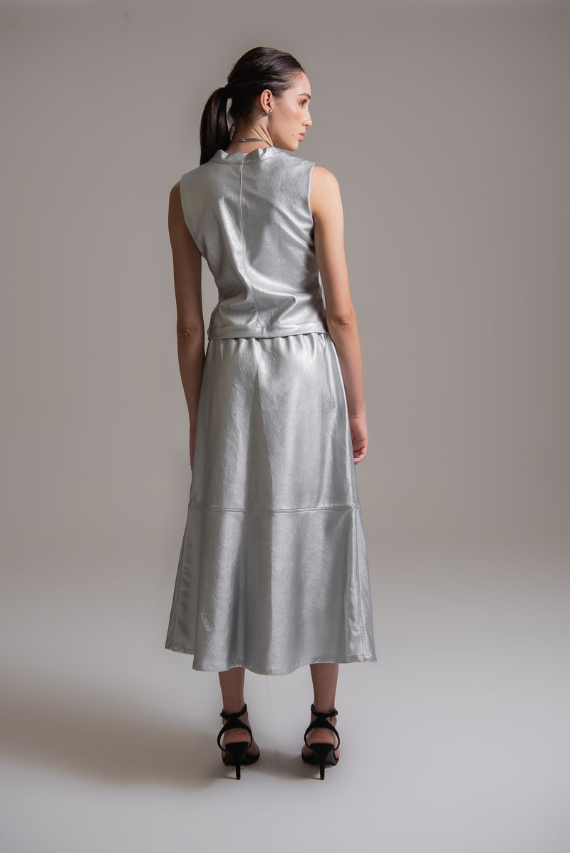 Saia midi em couro de viscose