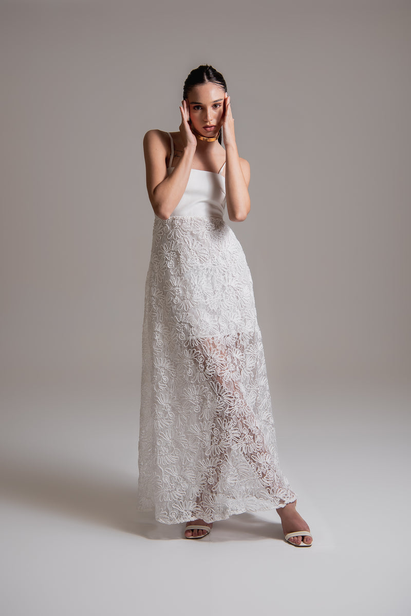 Vestido de alças com renda e couro de viscose