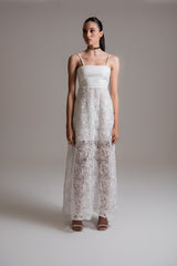 Vestido de alças com renda e couro de viscose