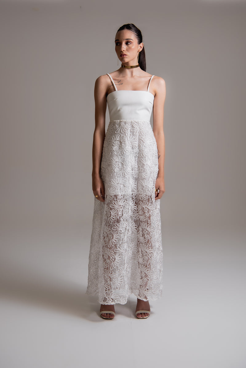 Vestido de alças com renda e couro de viscose