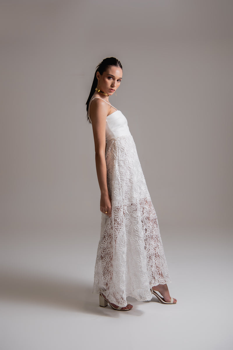 Vestido de alças com renda e couro de viscose