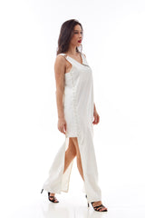 Vestido longo assimétrico em Alfaiataria