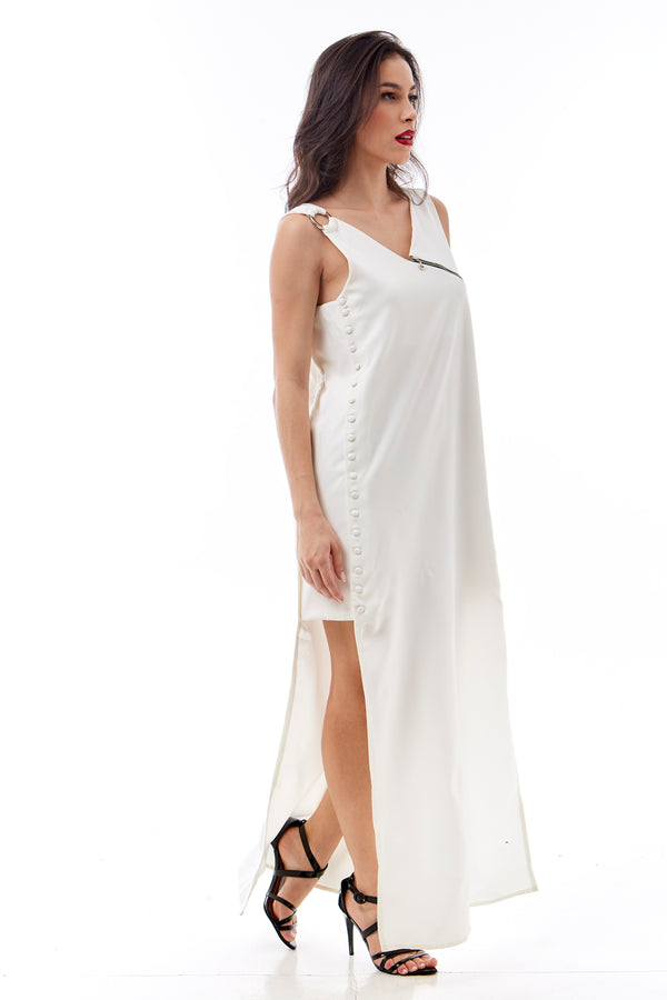 Vestido longo assimétrico em Alfaiataria