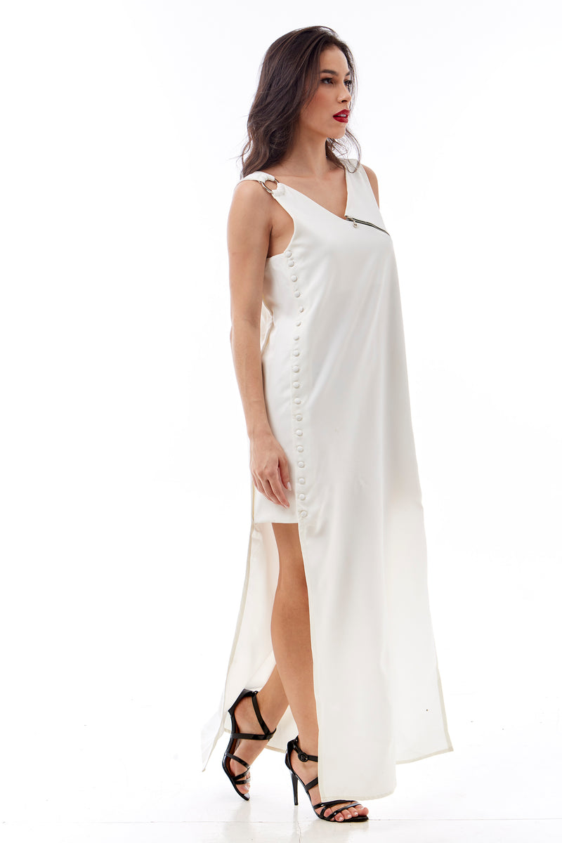 Vestido longo assimétrico em Alfaiataria