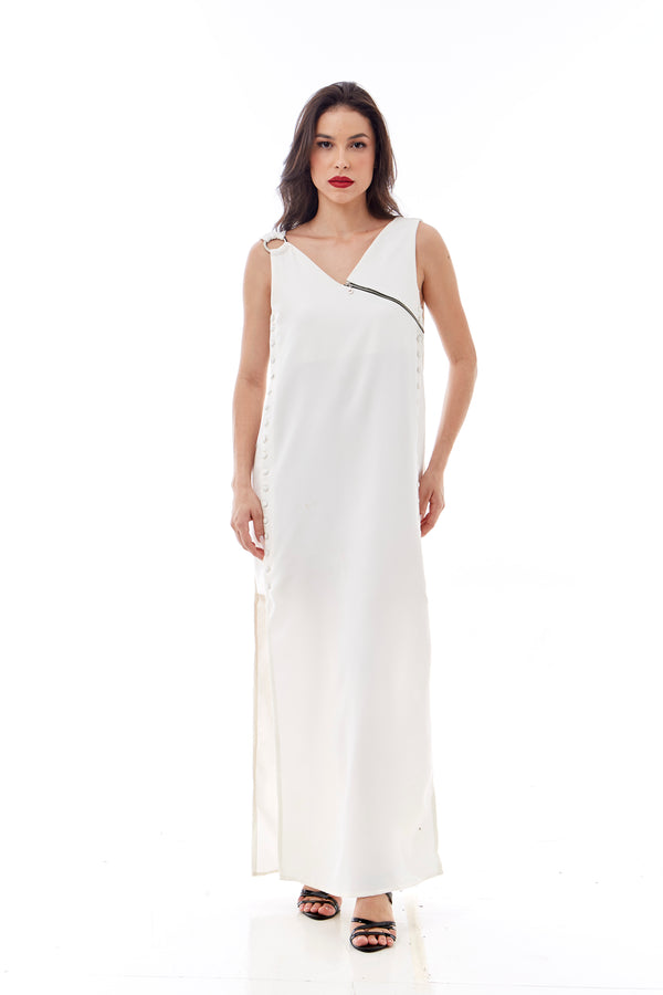 Vestido longo assimétrico em Alfaiataria