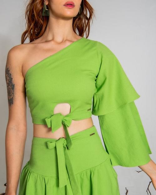 Cropped em Linho com Um Ombro e Manga Detalhada - Aline vervan