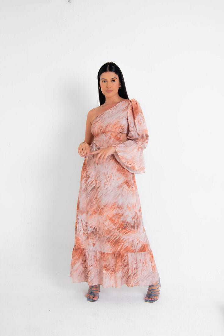 Vestido longo ombro só com estampa